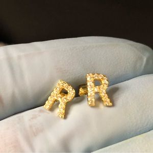 Angol Fine Jewelry, “R” Initial Stud Gold Plated With Rhinestones & Gift Box